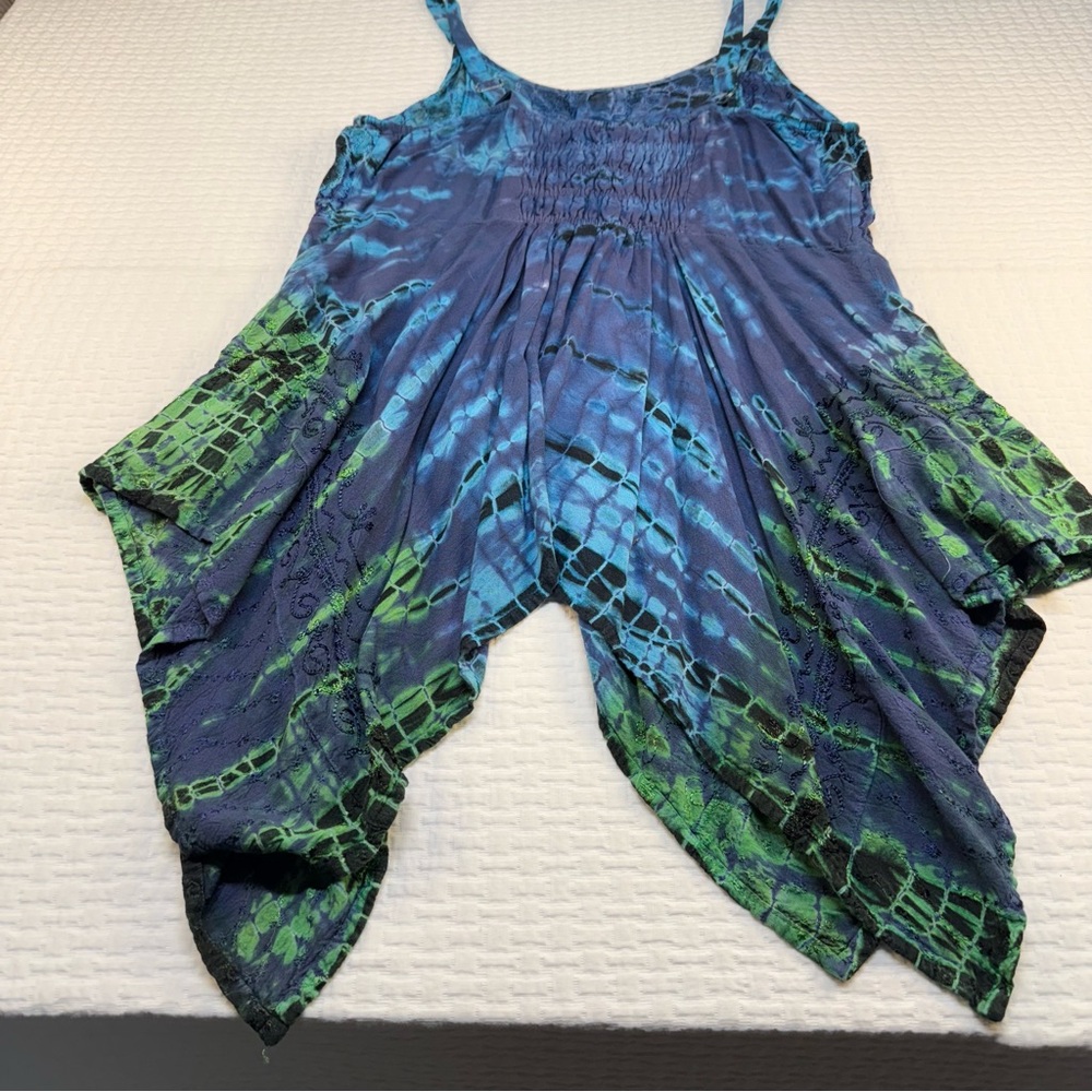 Choice Boho Handkerchief Blue and Green Tie-Dye Sleeveless Top Plus-size